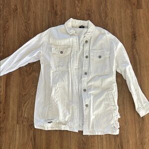 H&M White Distressed Denim Jacket Oversized
